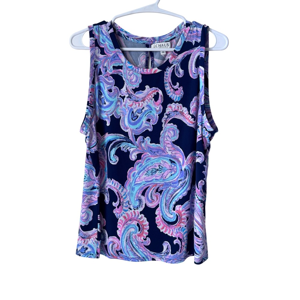 Chaus New York Womens Large Navy Pink Paisley Sleeveless Blouse Top RN 51323